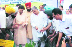 Forest Minister Tikshan Sood waters a sapling planted on Vanmahotsav in Ferozepur 