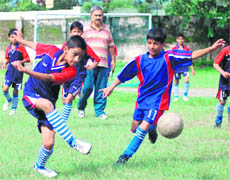 A match of the 26th Carvery Memorial Sub-Junior Football Tournament in Dehradun on Friday.