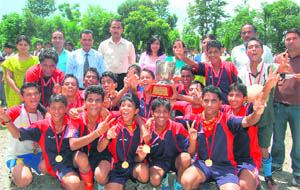 The SGRR Patel Nagar team with the trophy after winning the SGRR Sahodaya Complex Junior Football Tournament in Dehradun on Friday.