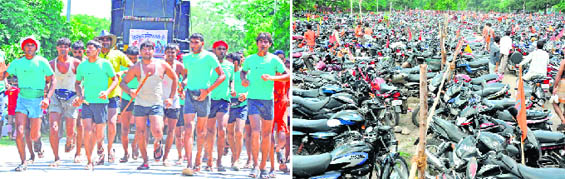 Dak Kanwariyas (left) run to fetch Ganga water, while their vehicle follows them; and the filled parking lot at Rodi Belawala in Haridwar on Saturday.