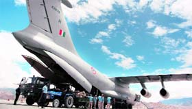 IL-76 aircraft offloads relief material at the Leh airfield on Saturday.