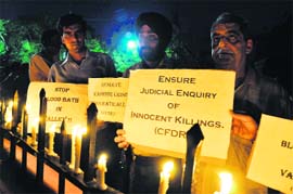 A candle march organised by the Citizen Forum for Democratic Rights and local journalists at Shalamar Chowk in Jammu on Saturday.