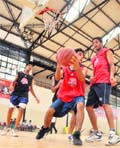 A basketball match in progress during the Mahindra NBA Challenge Basketball League at Guru Nanak Stadium in Ludhiana on Saturday. 