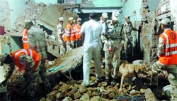 The National Disaster Response Force (NDRF) team at the blast site at Jogi Nagar in Bathinda on Saturday.