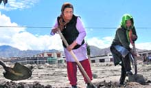 Locals remove mud and clear the way at Choglumsar village in Leh on Sunday.