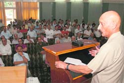 Former DGP M.M.Khajuria delivers a speech during a seminar organised by the Panun Kashmir in Jammu on Sunday. 