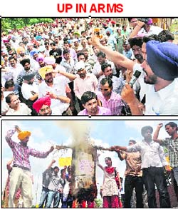 A BEd teacher addresses the agitators as they stage a dharna; and protestors burn an effigy of Chief Minister Parkash Singh Badal in Dana Mandi to press for their demands in Ludhiana on Sunday