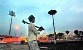 Construction work goes on at the Jawahar Lal Nehru Stadium in New Delhi