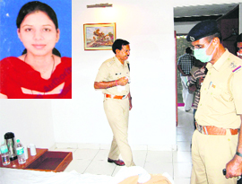 Policemen inspect the scene of crime at Suraj Kund; and (inset) a file photo of the victim, Neetu Rai.
