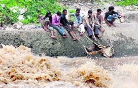Unmindful of the high risk to life, these youngsters are busy catching fish in gushing waters near the Dadupur head works in Yamunanagar district.