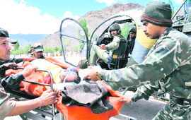 A rescued person being taken to Army hospital at Leh on Tuesday.