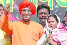 Trinamool Congress Chief Mamata Banerjee and Swami Agnivesh during a rally at Lalgarh in West Midnapore on Monday.