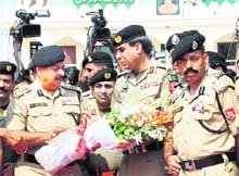 C Vasudevan, DIG of the BSF (left), greets Brig Shafqat Nawaz Khan, Deputy Director-General, Pakistan Rangers, on his arrival to attend the India-Pakistan quarterly coordination meeting at the Attari-Wagah checkpost on Monday