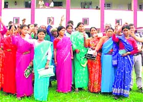 Women belonging to the Raji community hold a demonstration in Pitthoragarh