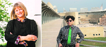 Kristin Kelly; and (right) George Jacob outside the Anandpur Sahib Heritage Complex.