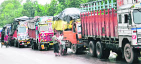 Trucks laden with apples, transported from Himachal Pradesh, line up outside the