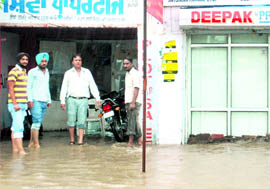 An inundated shop at Zirakpur on Wednesday