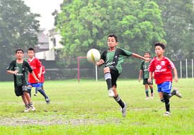 A match in the Carvery Memorial Sub-junior Football Tournament in progress in Dehradun