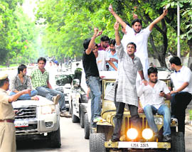 Activists of the HSA take part in an election rally at Panjab University on Thursday.