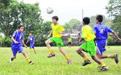 A match of the 26th Carbery Memorial Sub-Junior Football Tournament being played in Dehradun on Thursday.