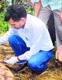A fingerprint expert examines the body of Raman on the outskirts of Barona village in Sonepat district