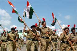 NCC cadets participating in the full dress rehearsal for Independence Day in Bathinda on Friday