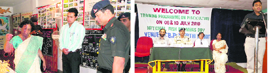 Dr Kumkum Shah of the Zoology Department of the PG College at an exhibition in Pitthoragarh; and (right) a training programme on fish farming under way on the ITBP campus at Mirthi in Pitthoragarh district.