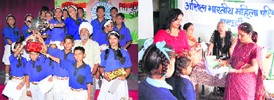 Winners of patriotic song competition at the Childrens Academy in Dehradun; and (right) Bharosi Rawat, President, Mussoorie Women Congress, distributes uniforms to primary students in Mussoorie
