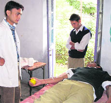 Students donate blood at Ghananand Government Inter College in Mussoorie on Friday.