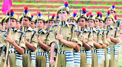 Women personnel of the Jammu and Kashmir Armed Police take part in a rehearsal parade for Independence Day in Srinagar