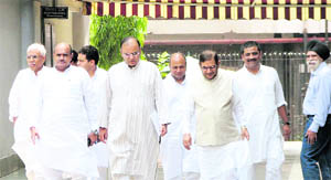 NDA leaders come out of Election Commission office after submitting a memorandum to CEC SY Quraishi seeking free and fair elections in Bihar, in New Delhi on Saturday.