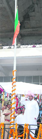 Transport Minister OP Jain salutes the Tricolour hoisted upside down at Independence Day celebrations in Sirsa on Sunday.