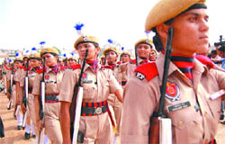A woman contingent of the Punjab Police participates in the marchpast during the Independence Day function at Guru Gobind Singh Stadium in Jalandhar on Sunday.