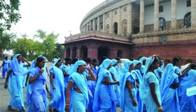Women scavengers from Alwar visit Parliament to see the Lok Sabha proceedings in New Delhi