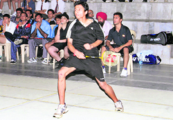 A player in action in the All-India Inter-School IPSC Tournament in Dehradun on Tuesday.
