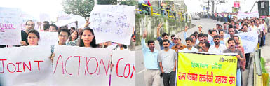 Doctors (left) and activists of the Rajya Panchayat Technical Sahayak Sangh protest in support of their demands in front of the Himachal Vidhan Sabha on the first day of the monsoon session in Shimla on Tuesday.