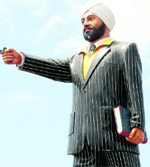 The statue of Shaheed Udham Singh with missing pistol at the new bus stand at Rajpura. Miscreants have continuously been stealing the pistol from the statue of Shaheed Udham Singh for the last one year 