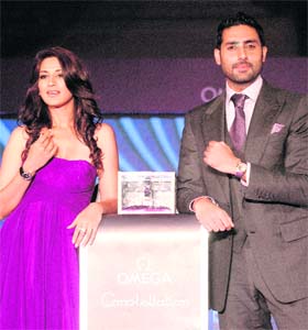 Actors and brand ambassadors of Omega, Abhishek Bachchan and Sonali Bendre at the launch of its new collection in New Delhi