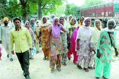 NREGA workers holding a protest in Bathinda on Wednesday.