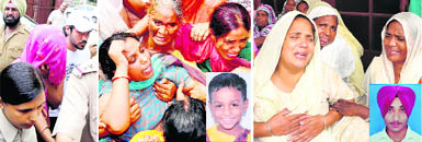 Sukhmani Brar (face covered), accused of crushing to death two cousins in a road accident on Tuesday night at the Sector 3 police station in Chandigarh; and inconsolable mothers of Goldy (inset) and Sukhwinder Singh (inset) at Kansal village in Mohali district on Wednesday.