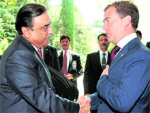 Russian President Dmitry Medvedev with his Pakistani counterpart Asif Ali Zardari during their meeting in Black Sea resort of Sochi on Wednesday