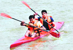 The DAV kayaking team sweat it out during the PU Inter-College Kayaking Championship at Sukhna Lake in Chandigarh on Thursday