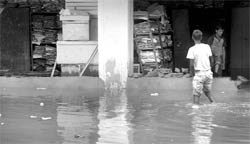 A man wades his way through a waterlogged road at Mandi Bhawan in Panchkula on Thursday