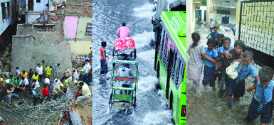 Relief work in progress after a building collapsed at Gandhi Nagar. (Centre) Vehicles pass through a waterlogged stretch in New Delhi. (Right) MCD schoolchildren wade across the school building at Turkman Road