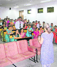 Freida Mc Rae, Director of Shishya School, delivers a talk at ICFAI University in Dehradun on Thursday.