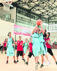 A match in progress during the 61st Punjab State Junior Basketball Championship in Ludhiana on Thursday.