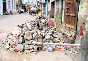 Debris left behind after the encroachment removal drive by MC near Khawaja Kothi in Ludhiana.