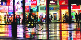 An illuminated view of The Plaza after the showers in Sector 17, Chandigarh, on Friday.