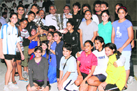 Players of Modern School, New Delhi, with the All-India Inter-school IPSC Badminton trophy in Dehradun 