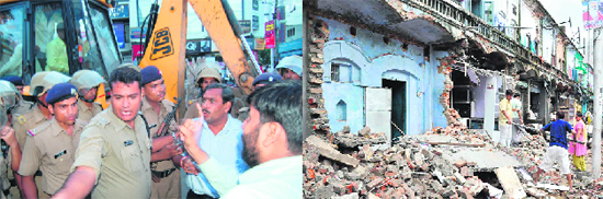 Policemen and traders argue; and (right) a house that occupied a major portion of the road being razed in Haridwar 
